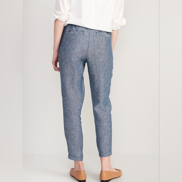 High-Waisted Chambray Cropped Linen-Blend Tapered Small Blue Pants-Women OldNavy - Picture 3 of 13